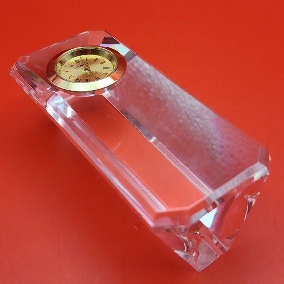 Desk Clock Crystal Cut Glass Paperweight Camry Gold Tone Triangular Column Nice! - Picture 1 of 12